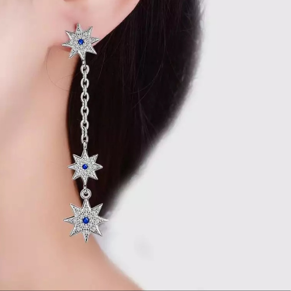 🌟 New! Silver Sterling Long Star ⭐️ Chain Earrings